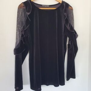 Y2K Black Velour Ruffle LS Top Black Lace Stretch Whimsigoth Dark Romance Fairy